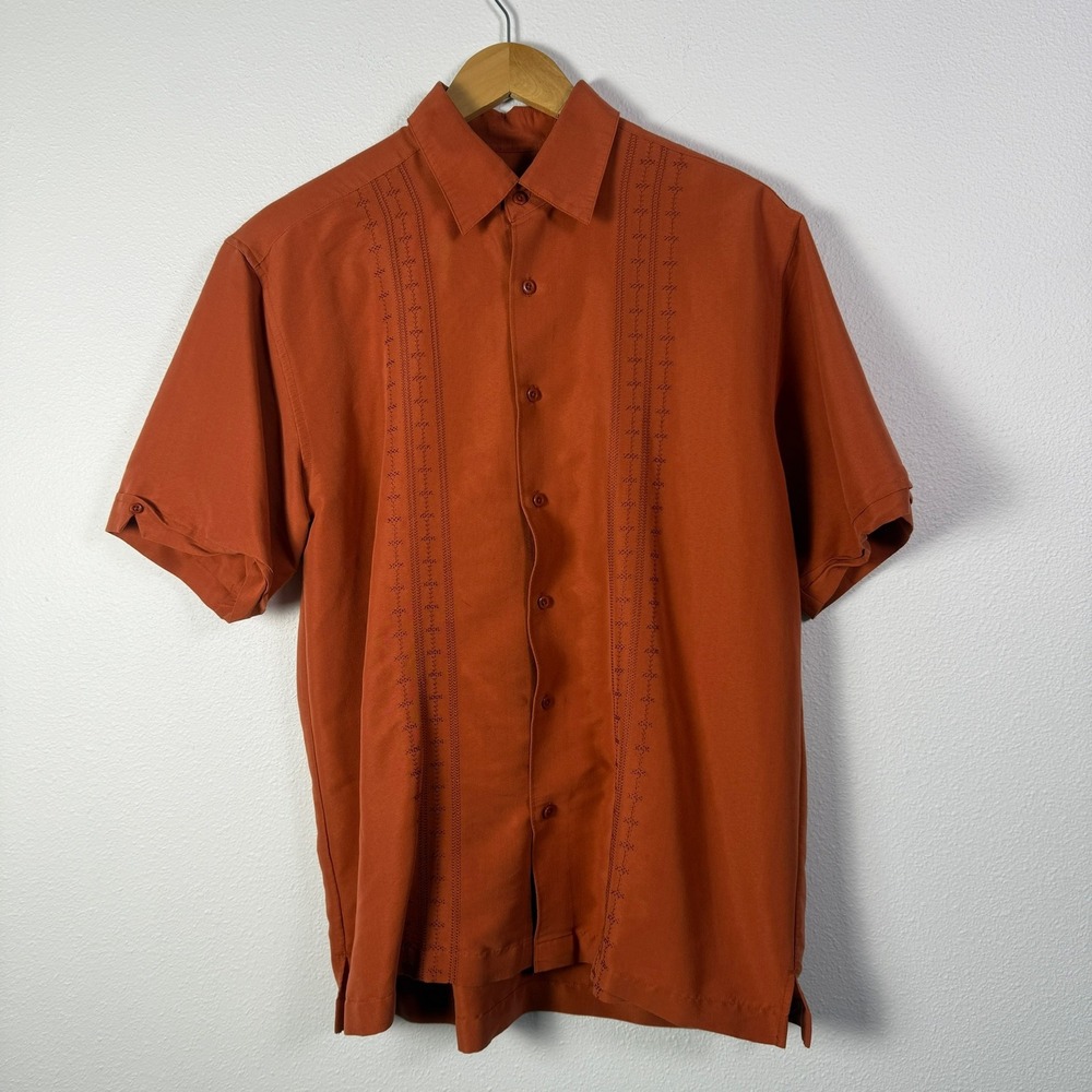 Centro Button Down Shirt Mens M Orange Excellent Embroidered Cabana Short Sleeve